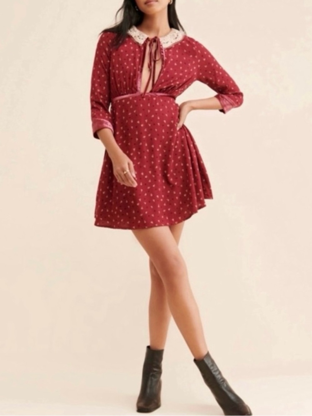 NWT Free People Delfina Velvet Tie-Front Dress with Lace Peter Pan Collar.Size L